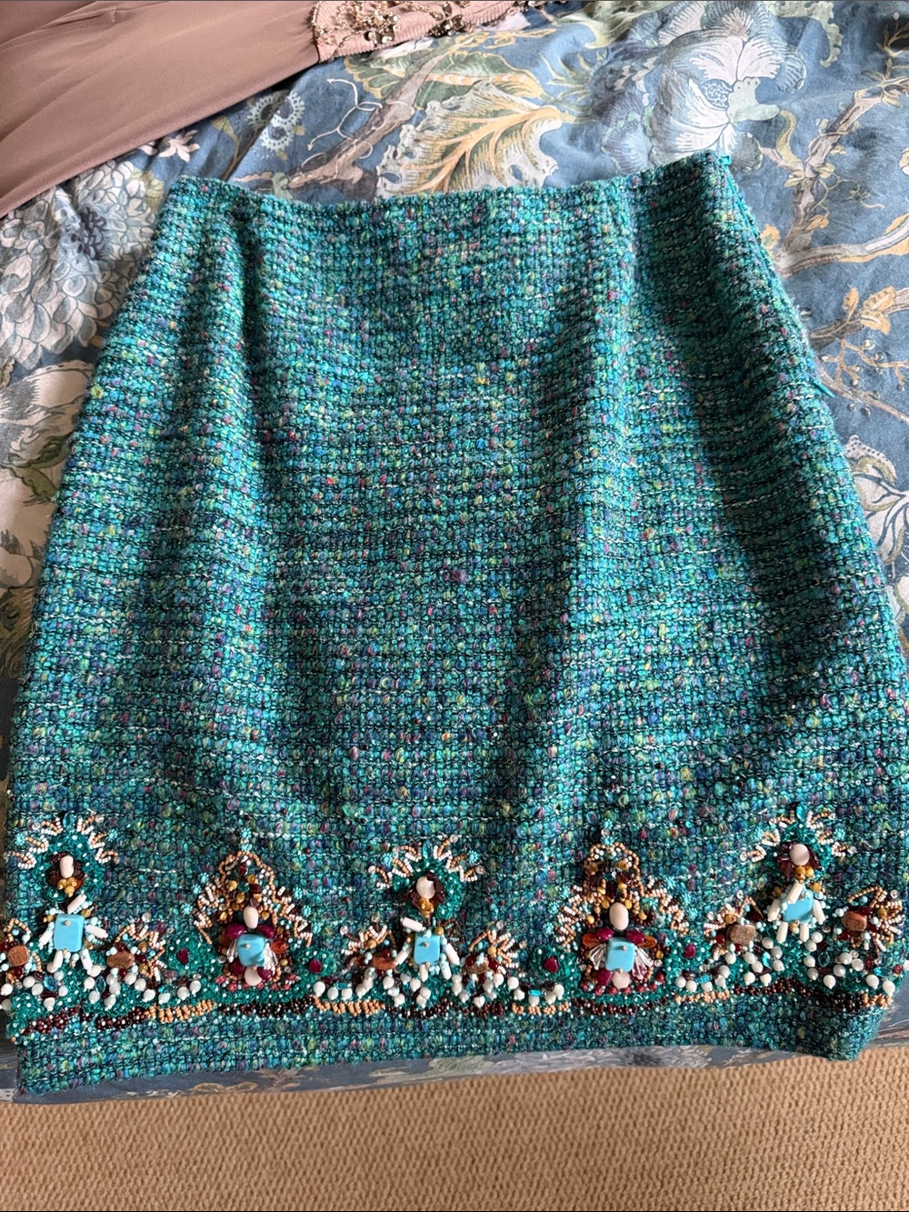 Escada Teal Tweed Pencil Skirt with Beaded Hem - Women